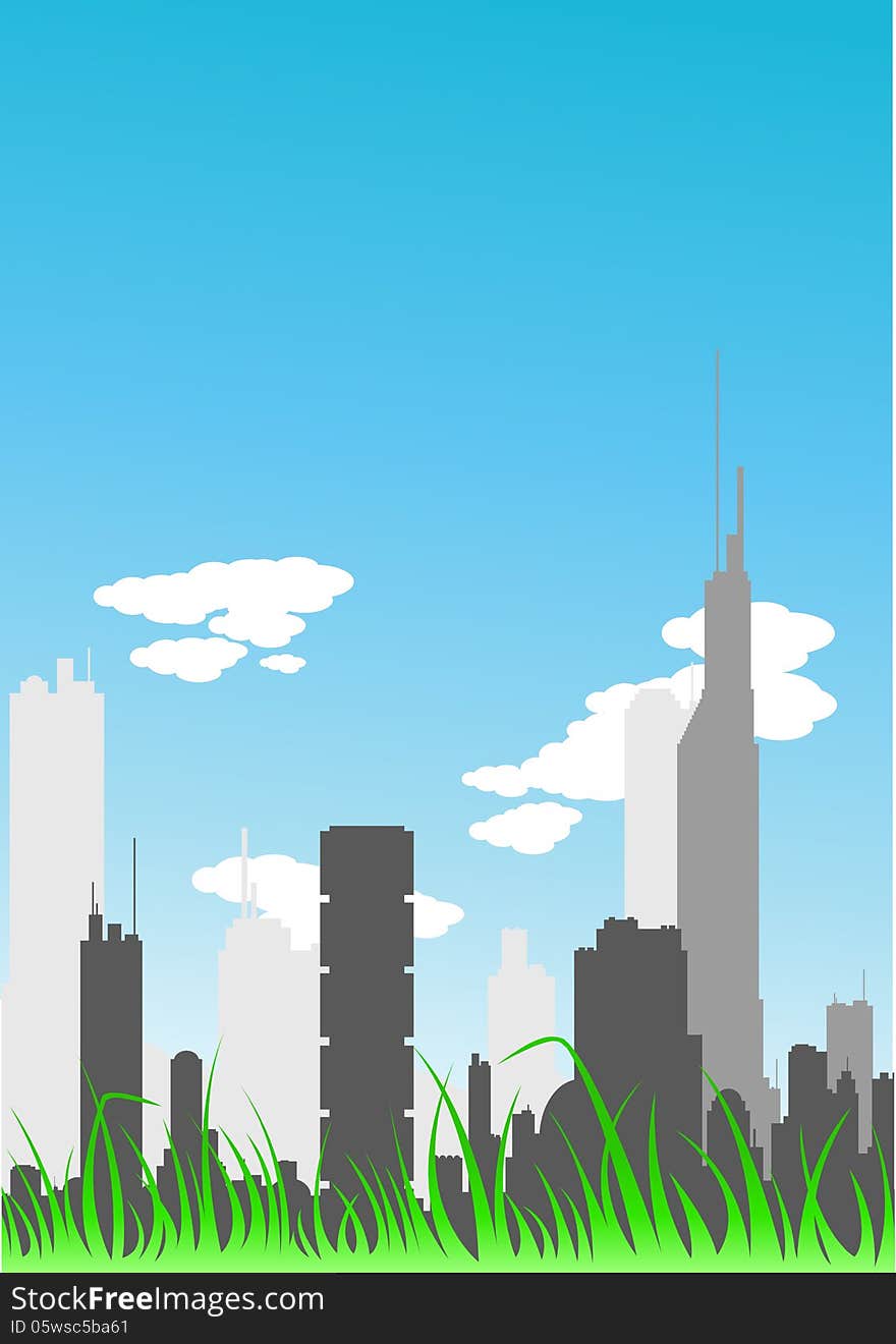 Vector picture of modern big city with grass in the front. Vector picture of modern big city with grass in the front.