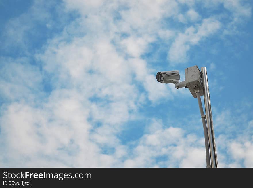 CCTV Camera High View With Blue Sky