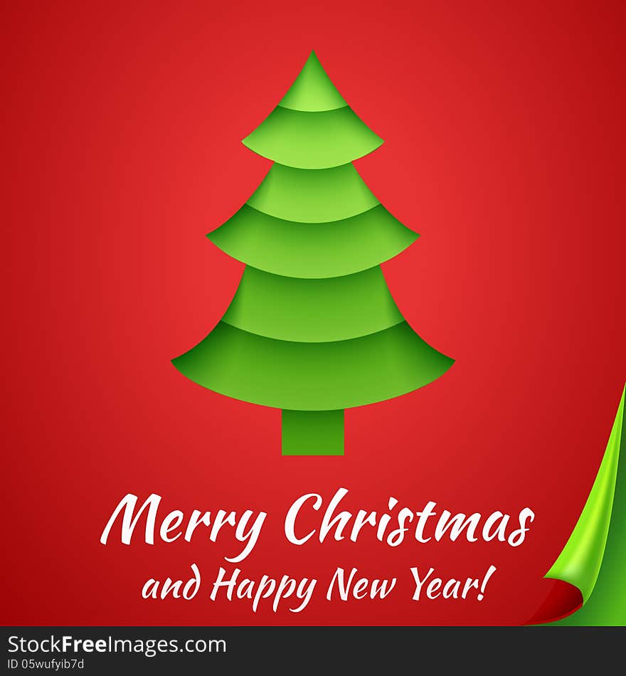 Merry Christmas greeting card with tree. Vector illustration for your holiday presentation. Postcard picture in red and green color. For greeting, invitation. Applique cut from paper. Happy New Year.