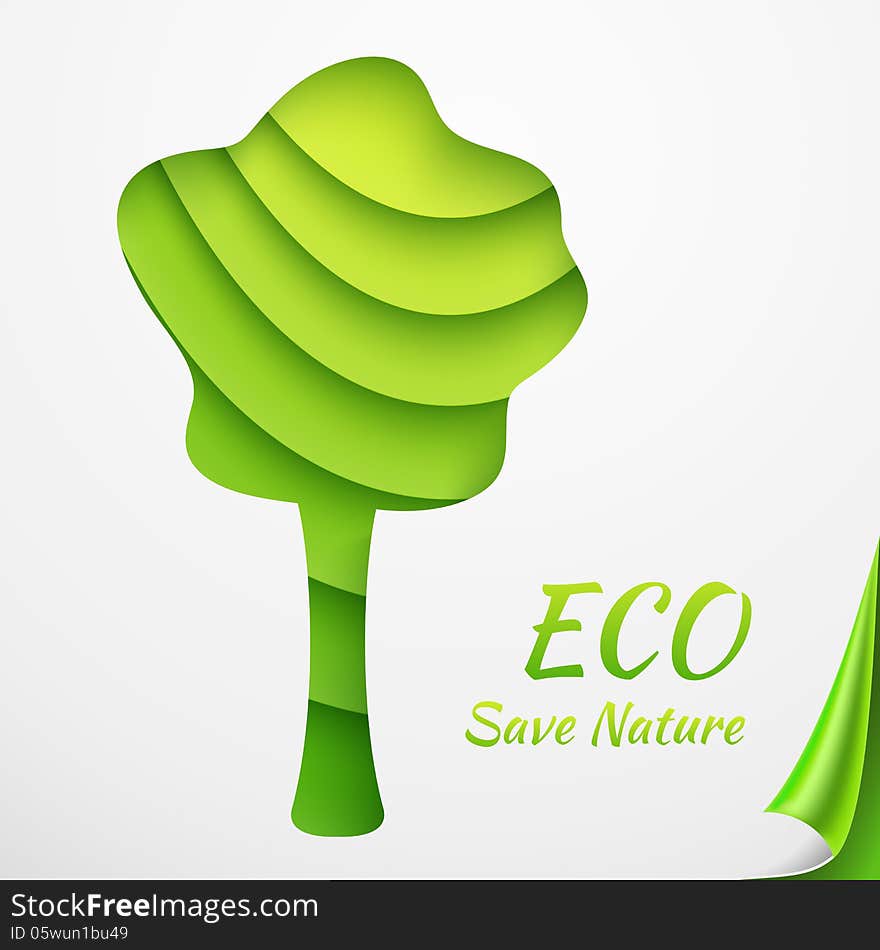 Applique tree on sheets of green papers with curled corner. Vector illustration for your ecology natural presentation and design. Eco - save nature.
