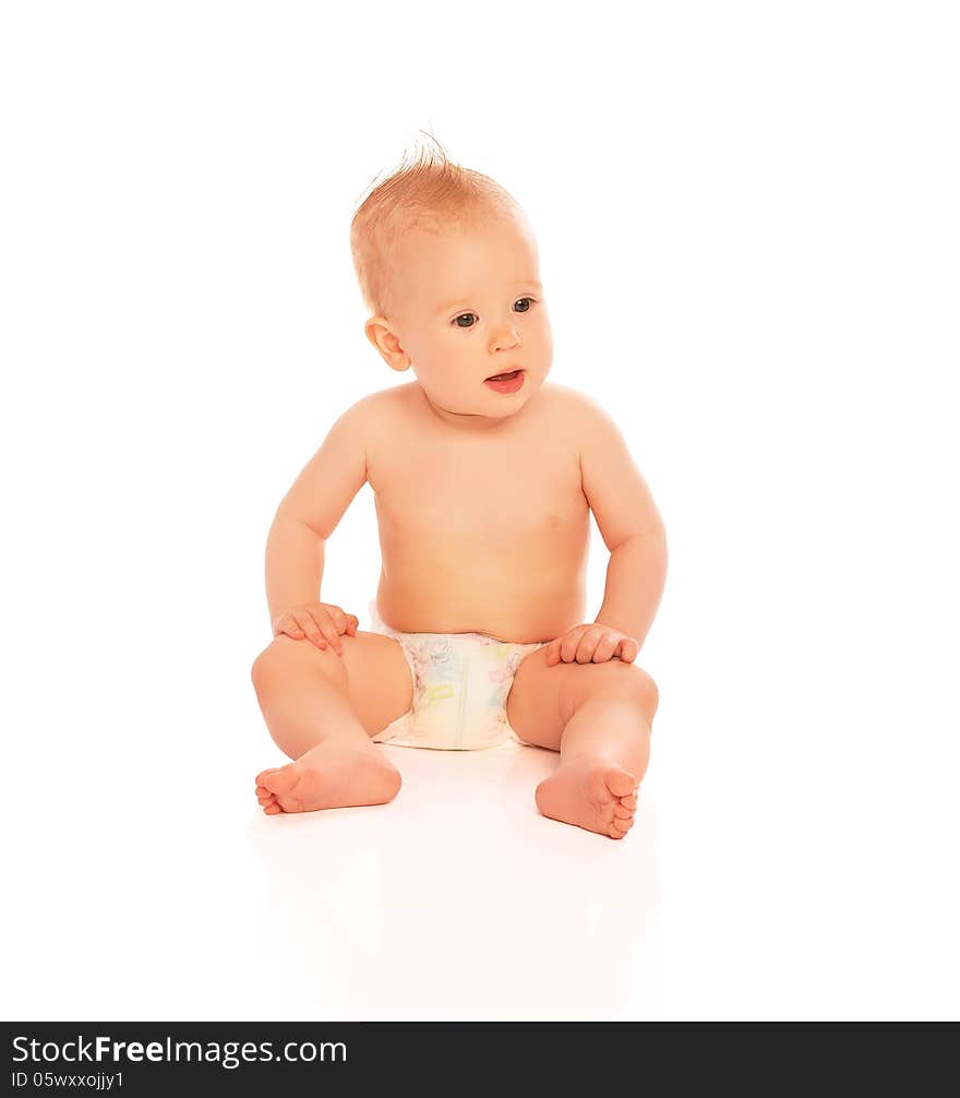 Happy beautiful baby in a diaper isolated on white background