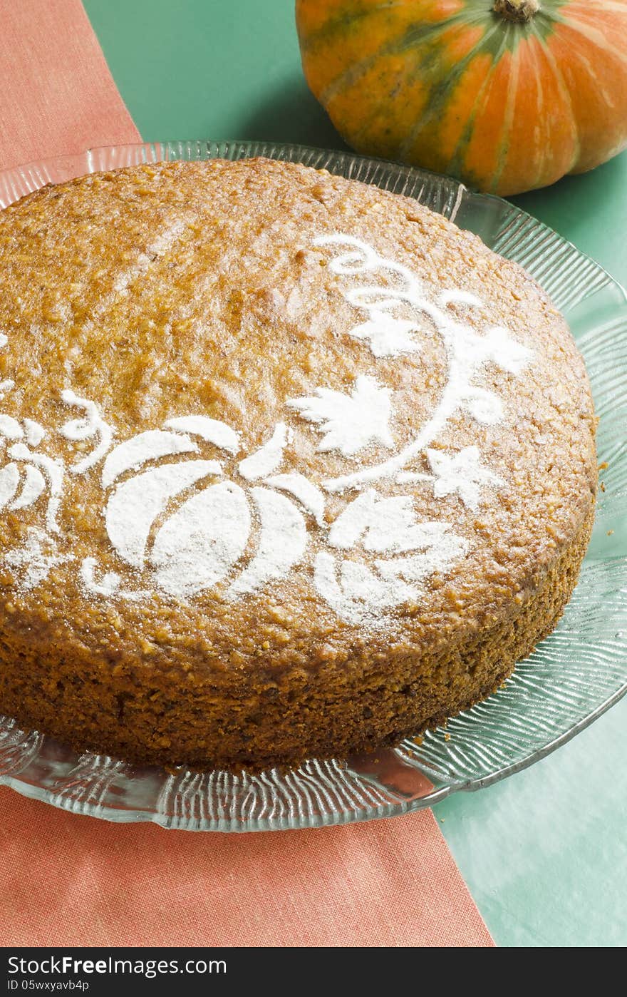 Pumpkin Cake On Glass Plate, Vertical Format