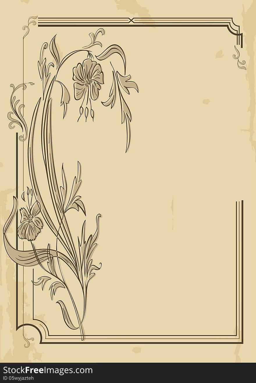 Decorative frame with floral decoration on old paper