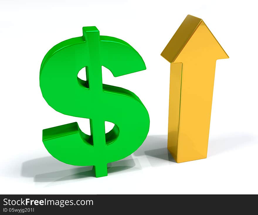 Increase Dollar currency 3D white background. Increase Dollar currency 3D white background