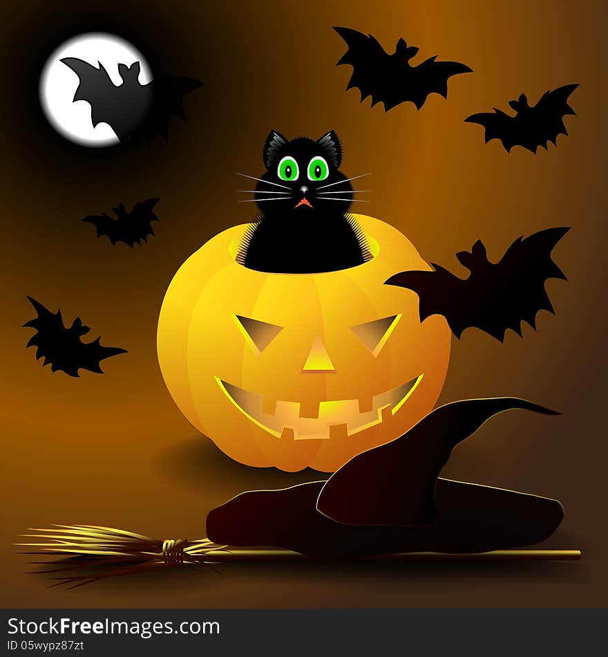 Illustration of cat in Halloween pumpkin, hat, broom, and bats. Illustration of cat in Halloween pumpkin, hat, broom, and bats