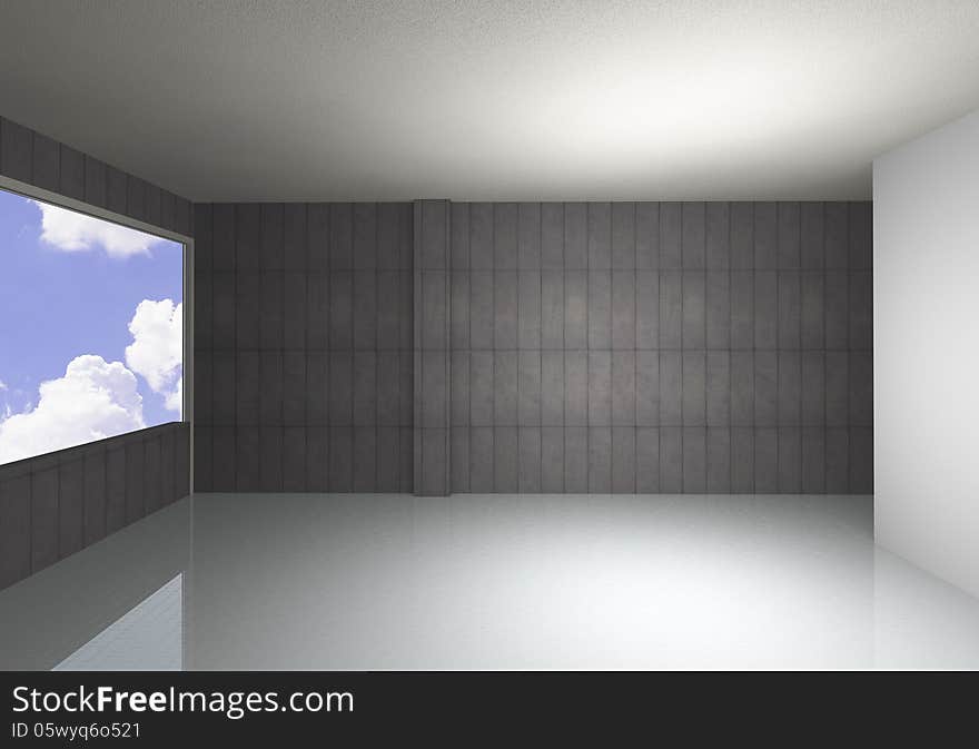 Empty room, bare concrete wall and reflecting floor, blue sky background