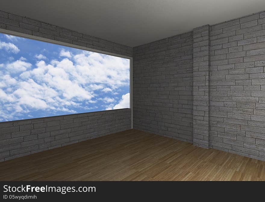 Empty room with brick wall and wood floor, sky background