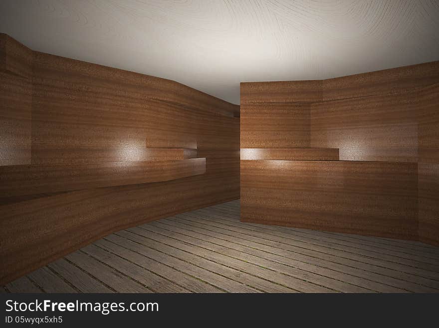 Futuristic Interior With Wooden Wall And Plank Wood Floor