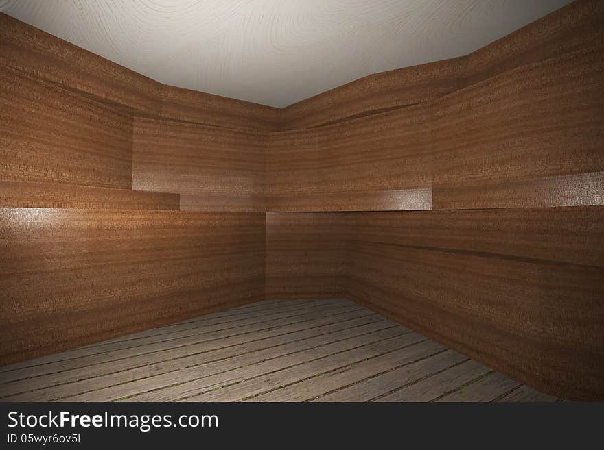 Abstract interior with wooden wall pattern and plank wood floor. Abstract interior with wooden wall pattern and plank wood floor