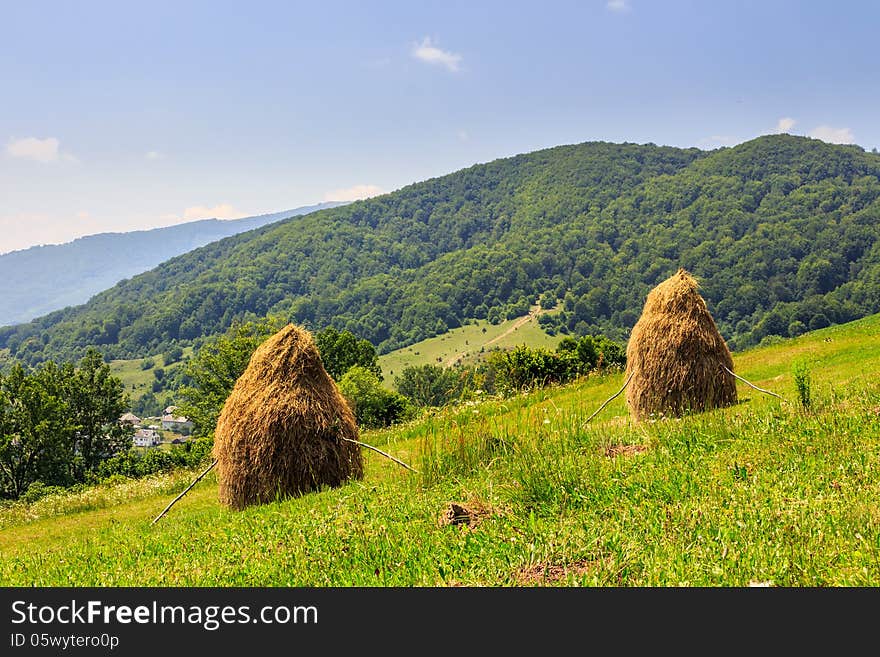 Haystacks on hillside near the village