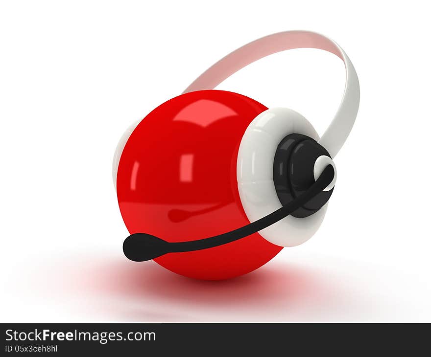 3d shiny red orb with headset over white. 3d shiny red orb with headset over white