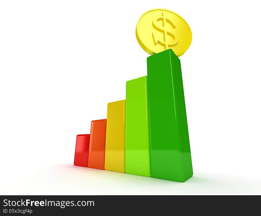 3d colored bar graph with dollar coin on white