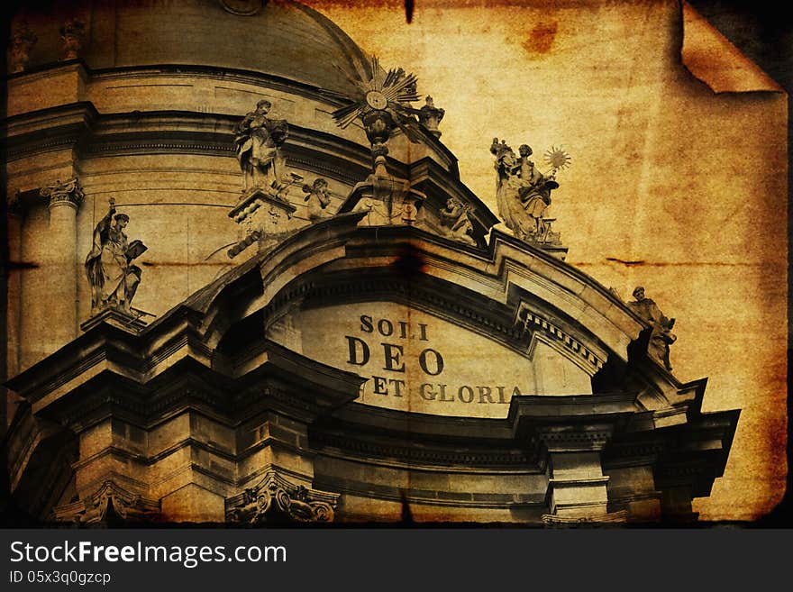 Facade of the Dominican church in the old part of Lviv. Under the dome of the church is a quotation in Latin from the first letter to Timothy: Soli Deo honor et gloria (One God honor and praise). Facade of the Dominican church in the old part of Lviv. Under the dome of the church is a quotation in Latin from the first letter to Timothy: Soli Deo honor et gloria (One God honor and praise).