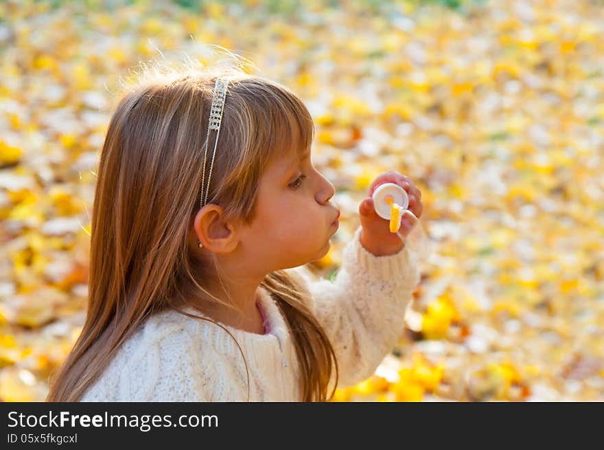 Little girl blowing soap bubbles