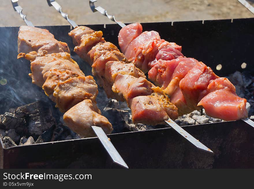 Roasted kebabs on the grill outdoors