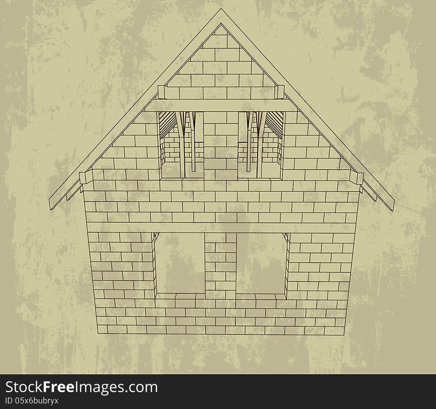 Bricked house line drawing grunge plan illustration