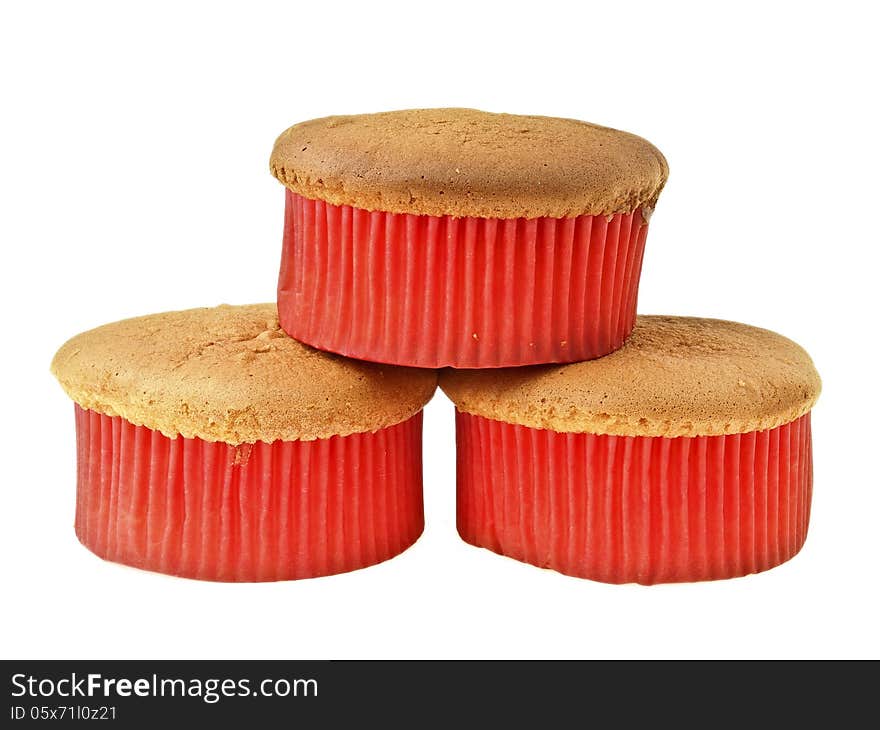 Triangle stack of three sponge cake on white background. Triangle stack of three sponge cake on white background