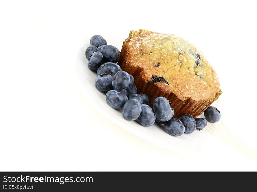 Delicious big blueberry muffin with fresh blueberries in front