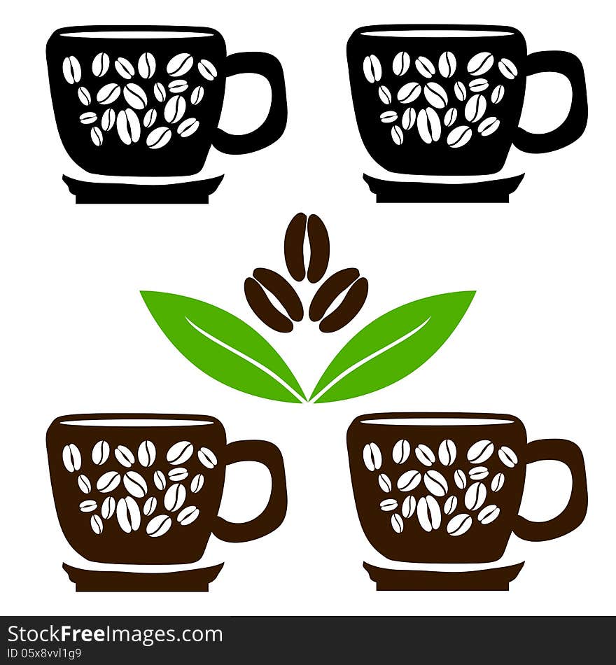 Cups of coffee with beans and leaves