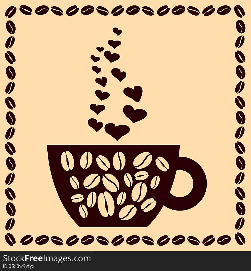 Cup of coffee with hearts and beans