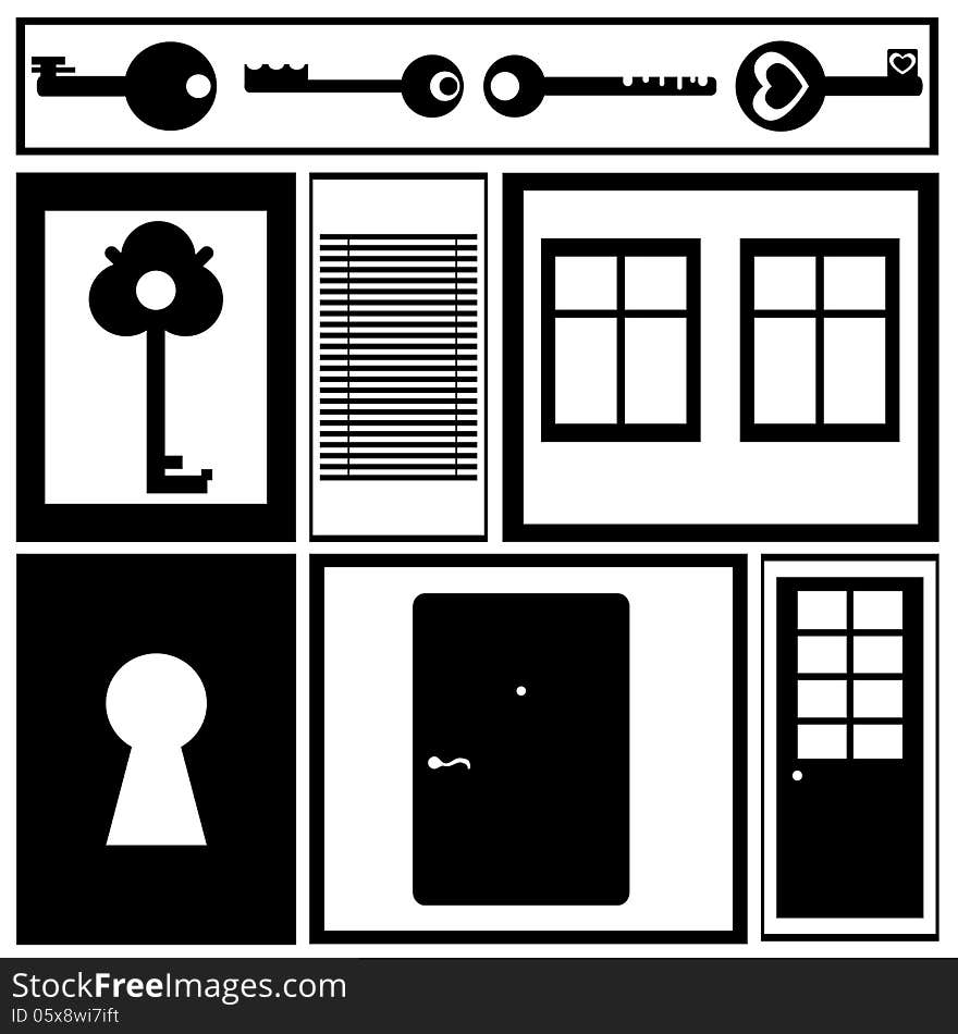 Keys, doors and windows. Vector illustration