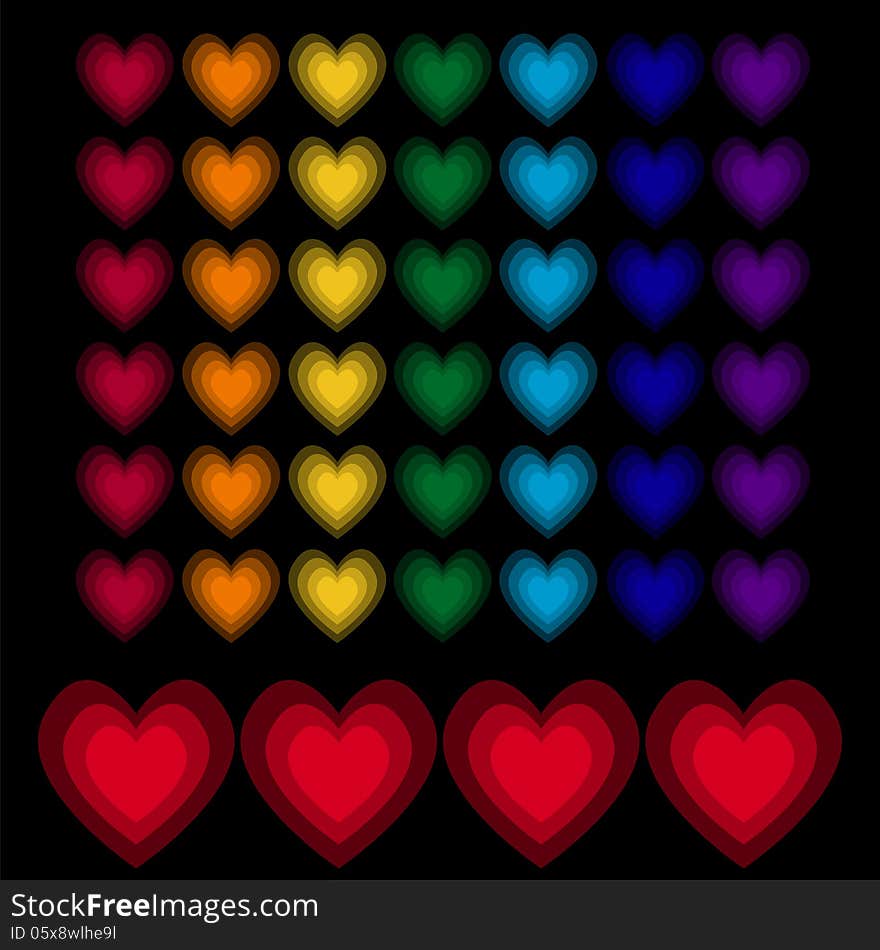 Rainbow hearts on black background. Vector illustration