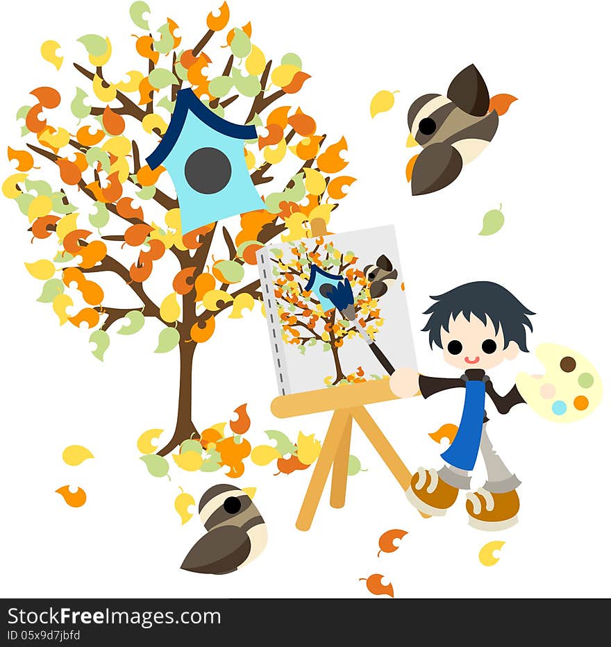 The man who draws the picture of the tree of colorful leaf. The man who draws the picture of the tree of colorful leaf.