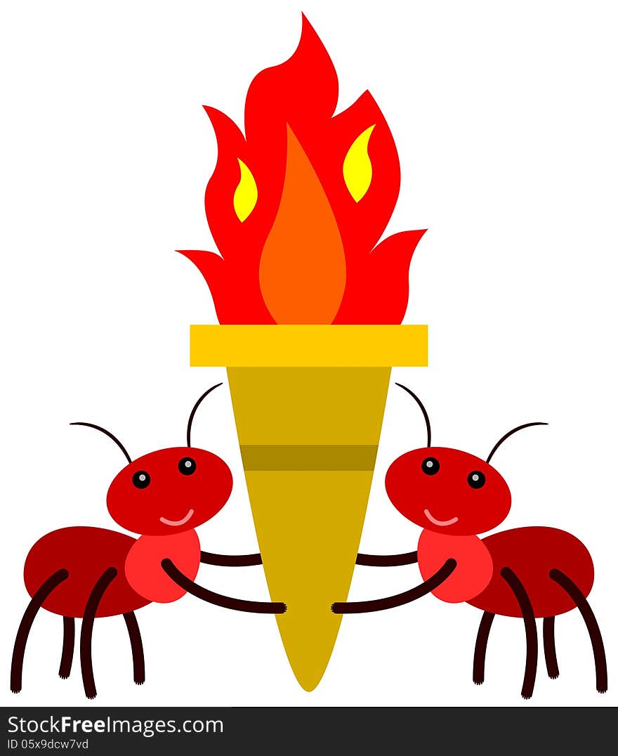 A cartoon illustration of ants carrying a torch. A cartoon illustration of ants carrying a torch