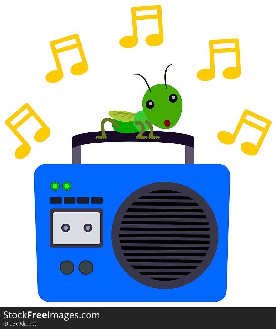 A cricket on top of a radio and listening to music. A cricket on top of a radio and listening to music