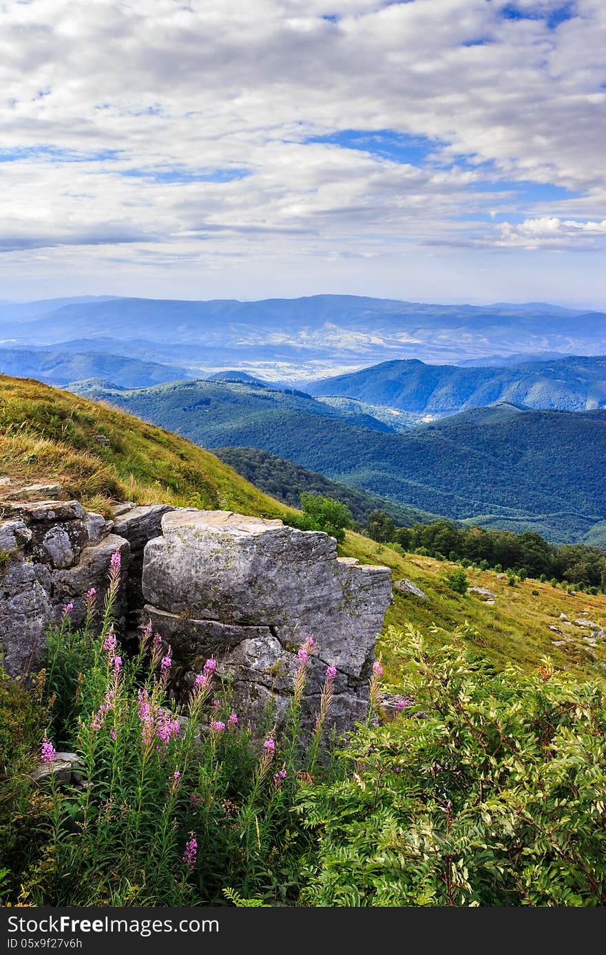 Panorama of mountains and rocky ledge on the hillside. vertical