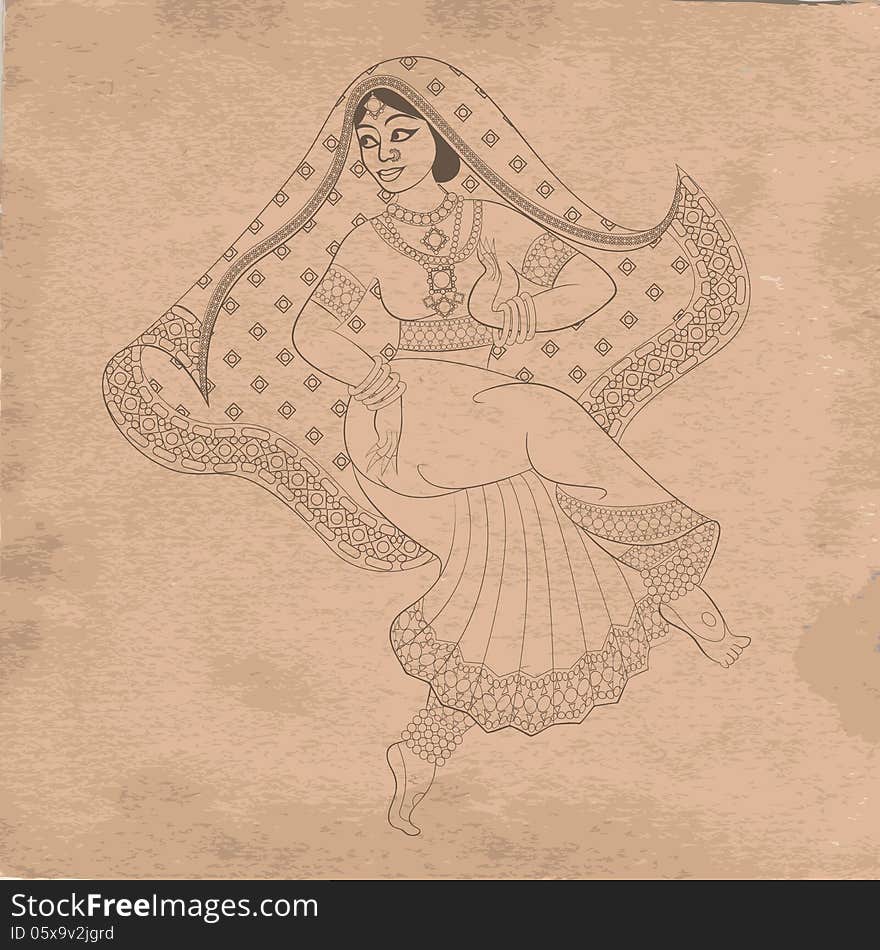 Indian woman dancer dancing on old paper