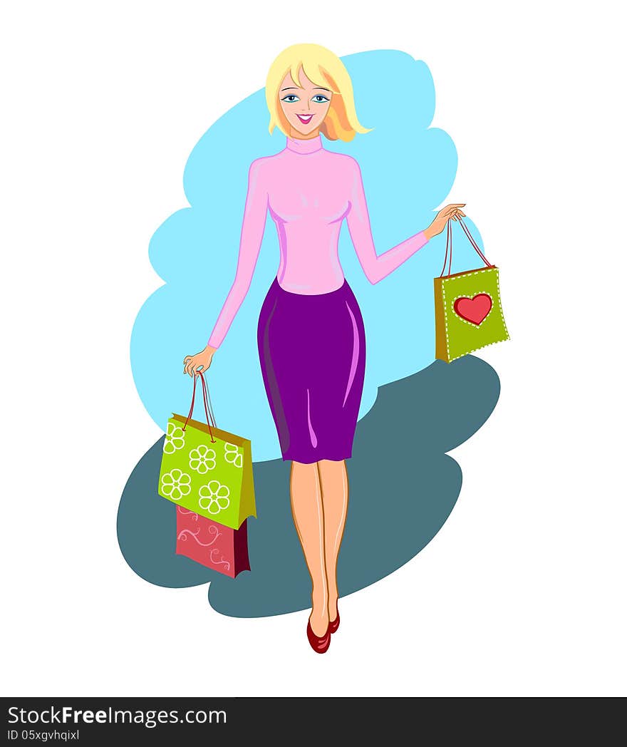 Beautiful blonde girl goes and is in the hands of shopping bags. Beautiful blonde girl goes and is in the hands of shopping bags