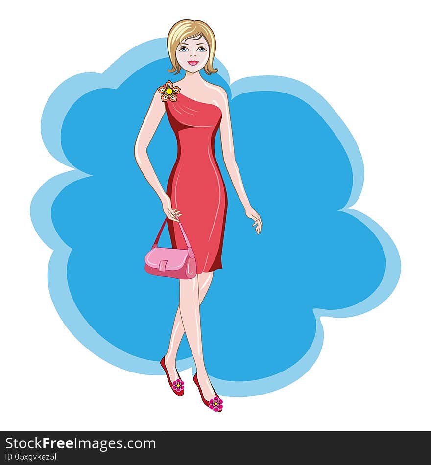 Beautiful girl in a red dress with a pink bag goes