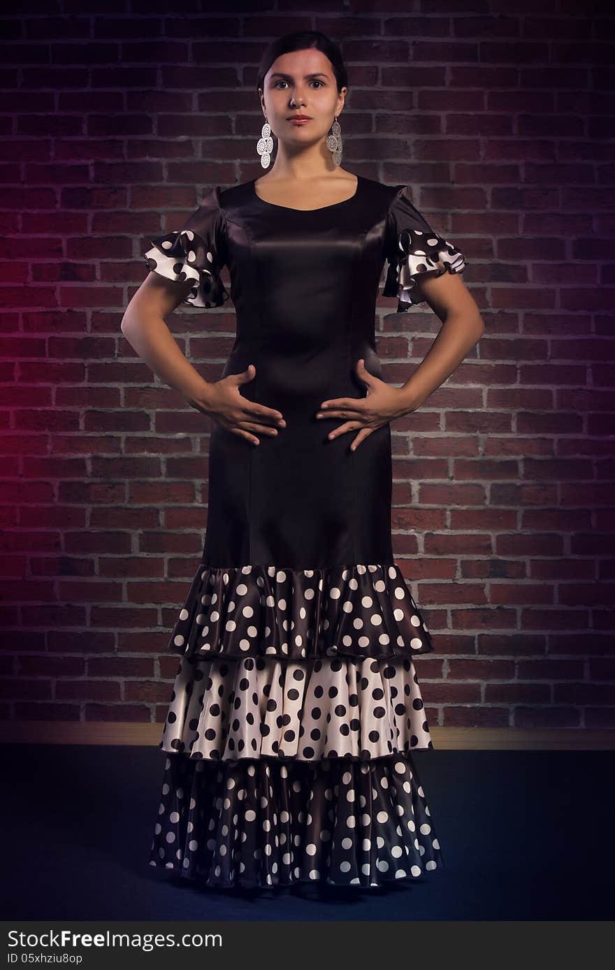 Young beautiful flamenco dancer standing in pose. Red brick wall background. Young beautiful flamenco dancer standing in pose. Red brick wall background.