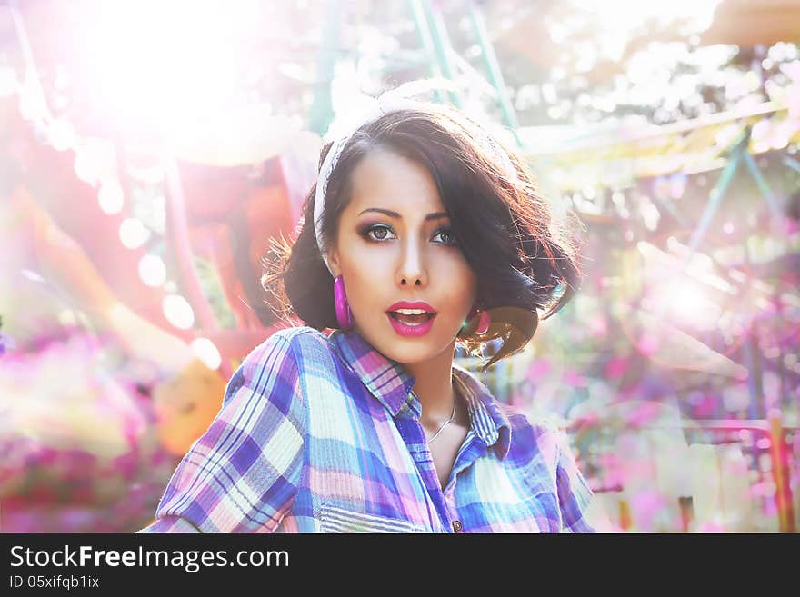 Excitement. Astonished And Amazed Woman S Face In Bokeh