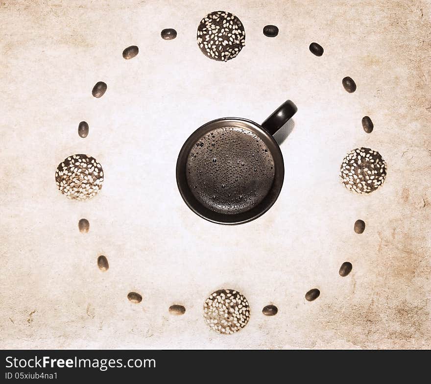 Artwork  in grunge style, coffee clock