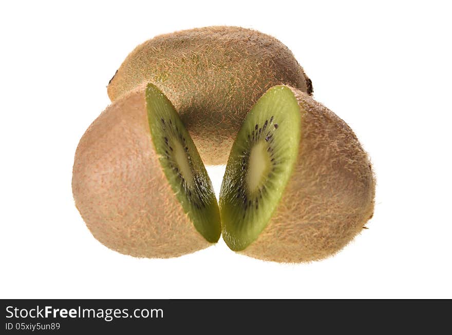 Two kiwi on a white background