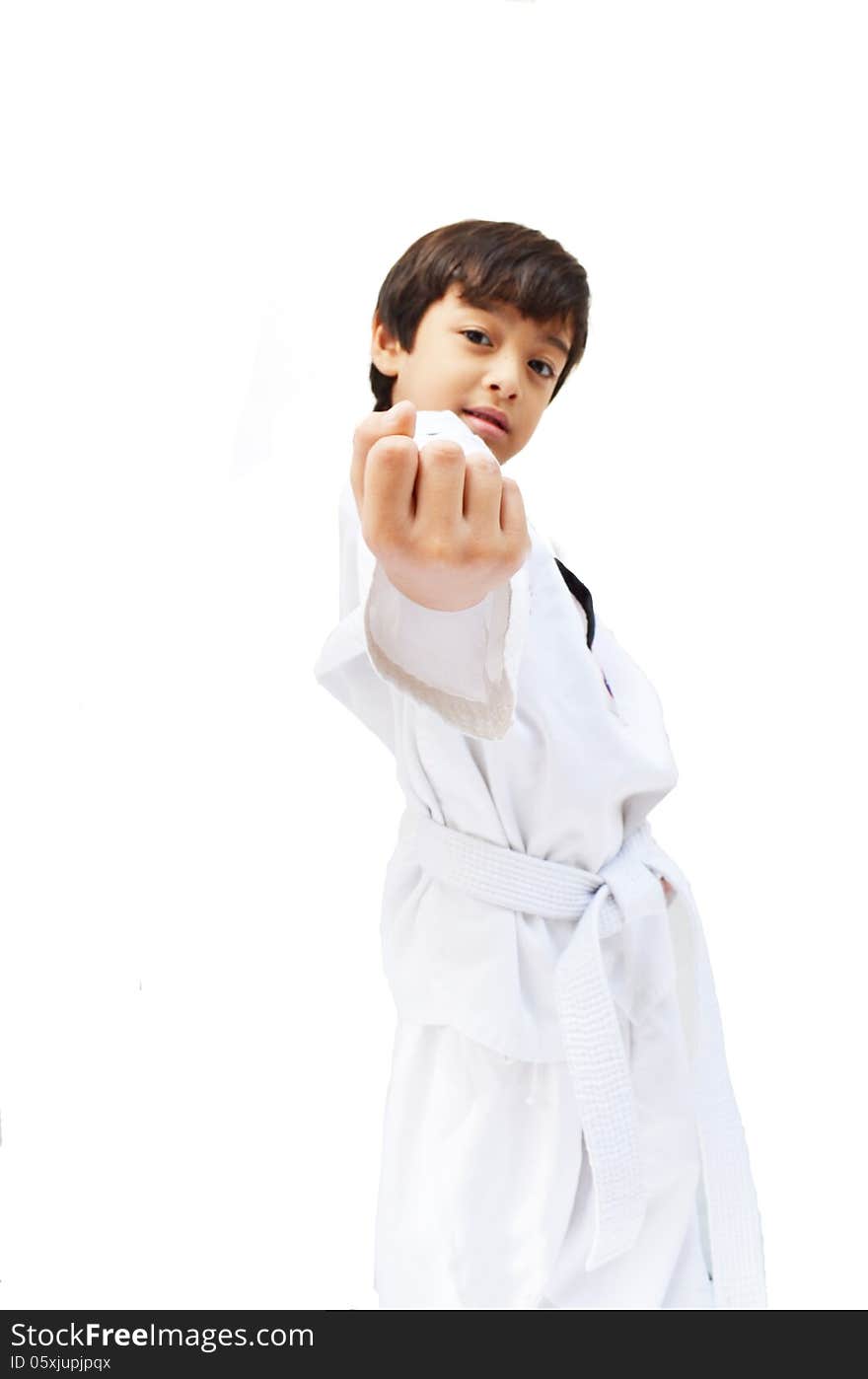 Little tae kwon do boy martial art white background