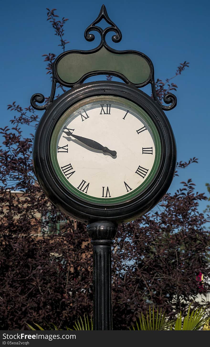 Street clock against blue sky with trees and plants