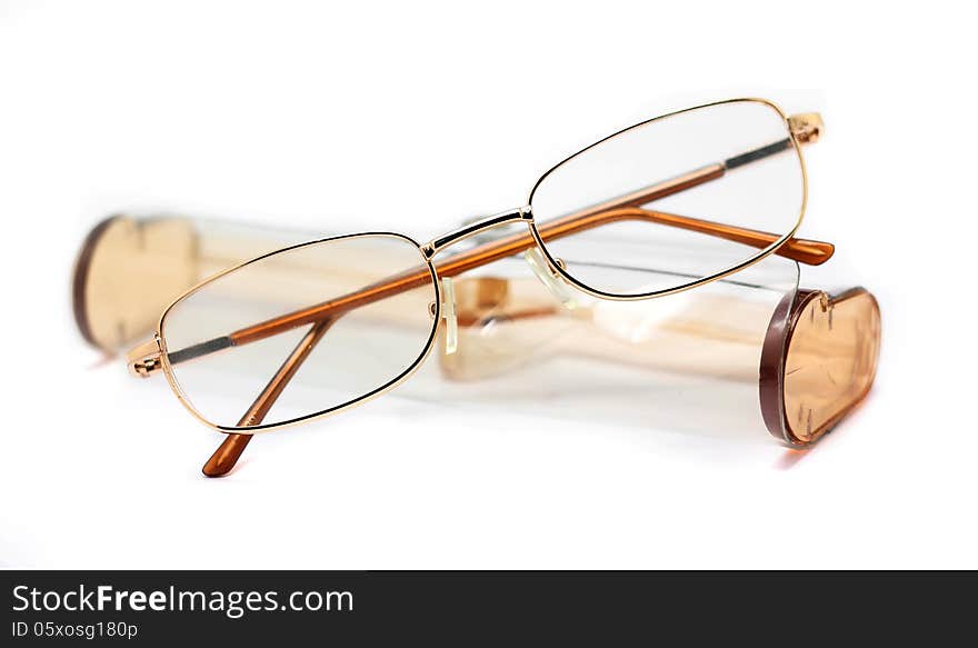 Glasses with case isolated on white background