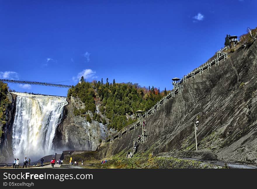 The Quebec Montmorency falls and the steps to the observation decks in the fall