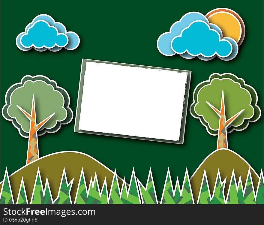 Illustration of forest, clouds and sun with a green background and the middle can be to enter text. Illustration of forest, clouds and sun with a green background and the middle can be to enter text