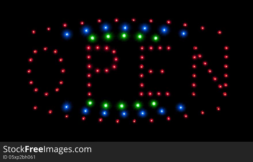 LED open sign in night city isolated on black. LED open sign in night city isolated on black