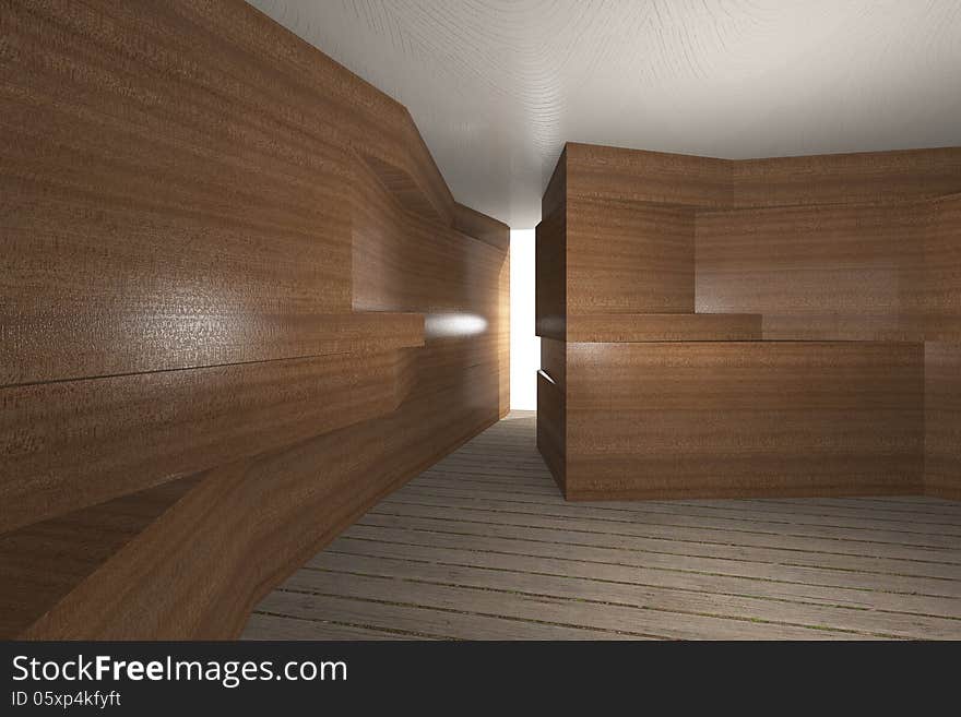 Futuristic interior with wooden wall and plank wood floor