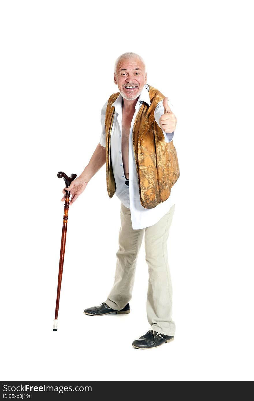 Senior man walking with a cane isolated on white background