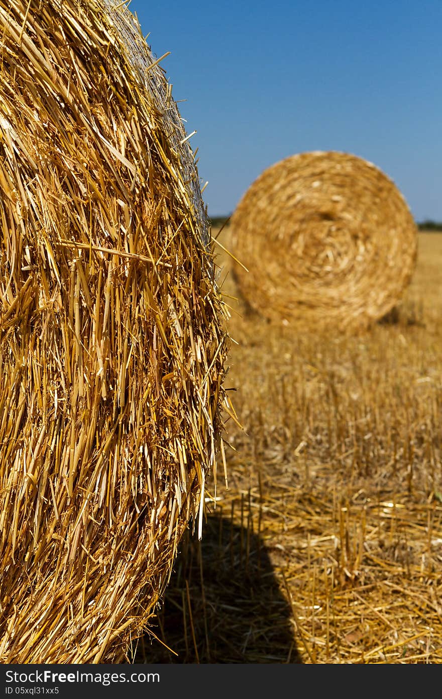 Straw bales in the light of sunset