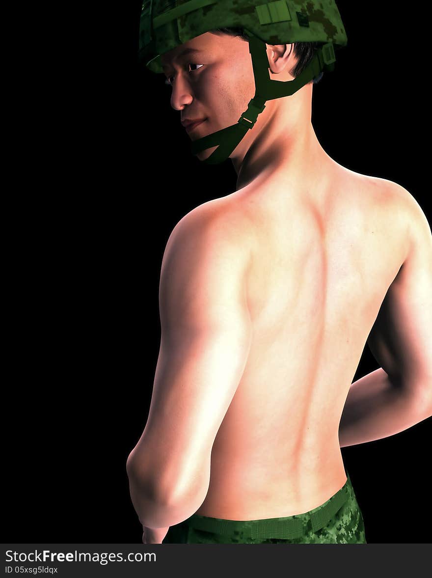 3d render of a shirtless Asian soldier. 3d render of a shirtless Asian soldier