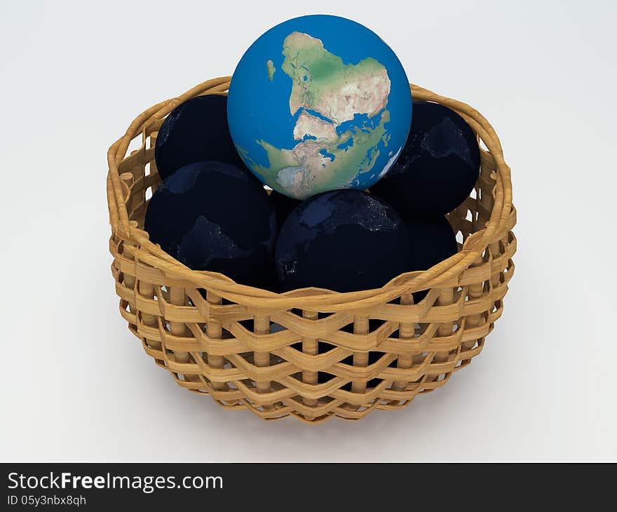 3D Earth and black Earth in basket