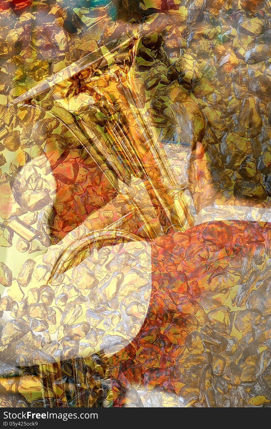 A musician playing a brass instrument, shown from behind, composed with a pattern of small glass nuggets. A musician playing a brass instrument, shown from behind, composed with a pattern of small glass nuggets