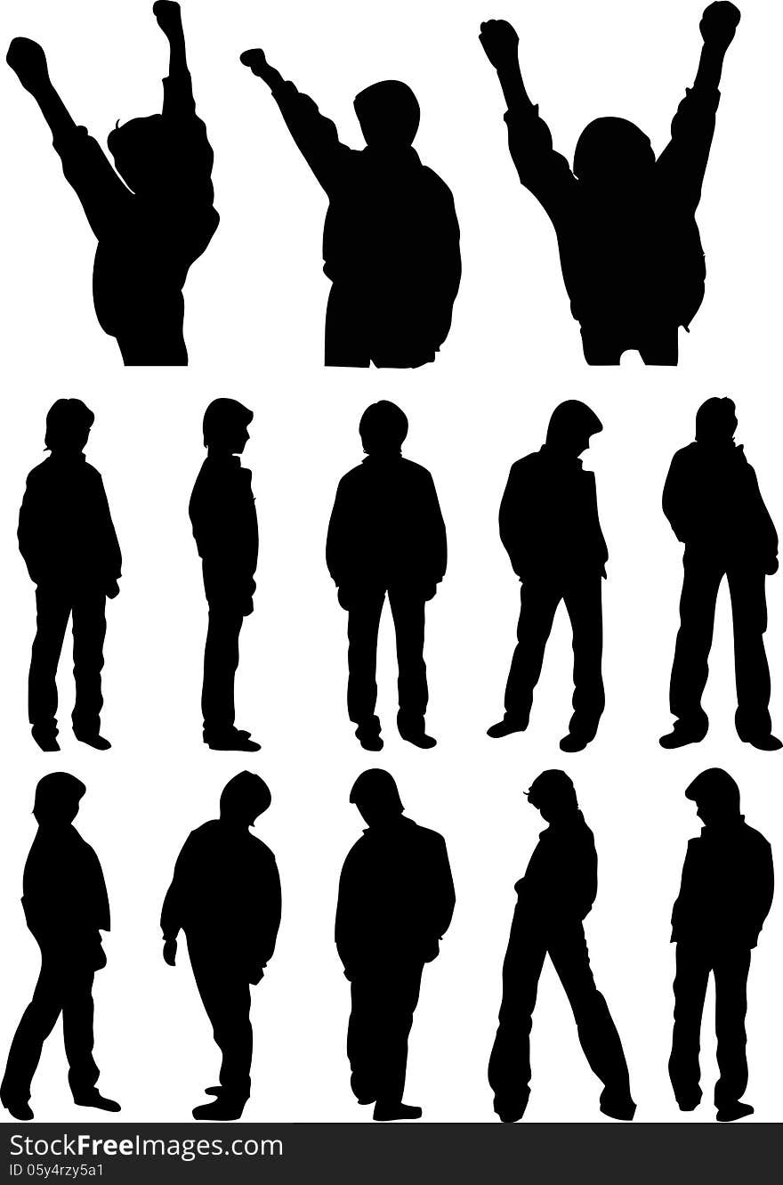 The illustration shows the silhouettes of young people in various poses. They stand, walk, and raise their hands up. Isolated on a white background on separate layers. The illustration shows the silhouettes of young people in various poses. They stand, walk, and raise their hands up. Isolated on a white background on separate layers.